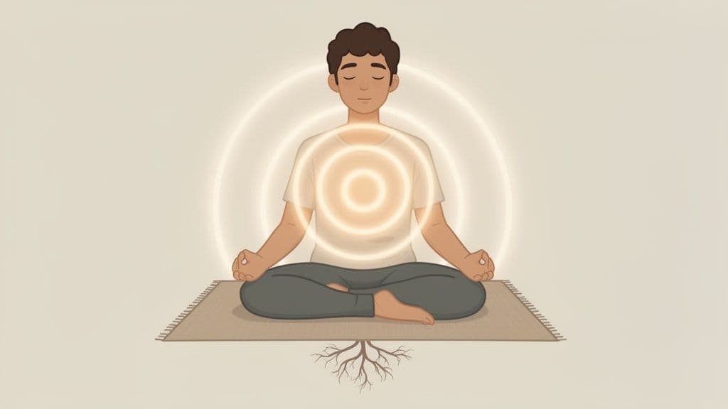 A person meditating in lotus position with glowing energy circles around their chest and roots below.