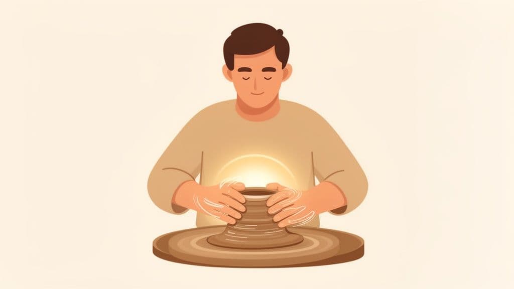 A person with closed eyes mindfully shapes glowing clay on a potter's wheel.