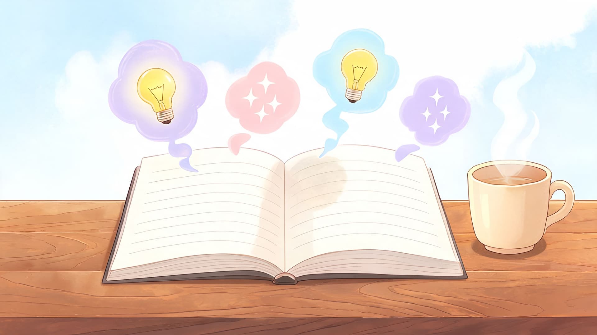 An open notebook with lightbulb icons and sparkles rising above it next to a steaming coffee cup.