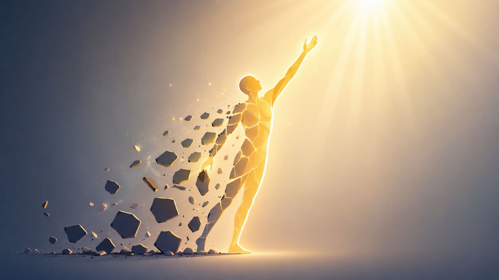 A glowing, fragmented golden human figure rising towards a bright light, symbolizing transformation and spiritual healing.