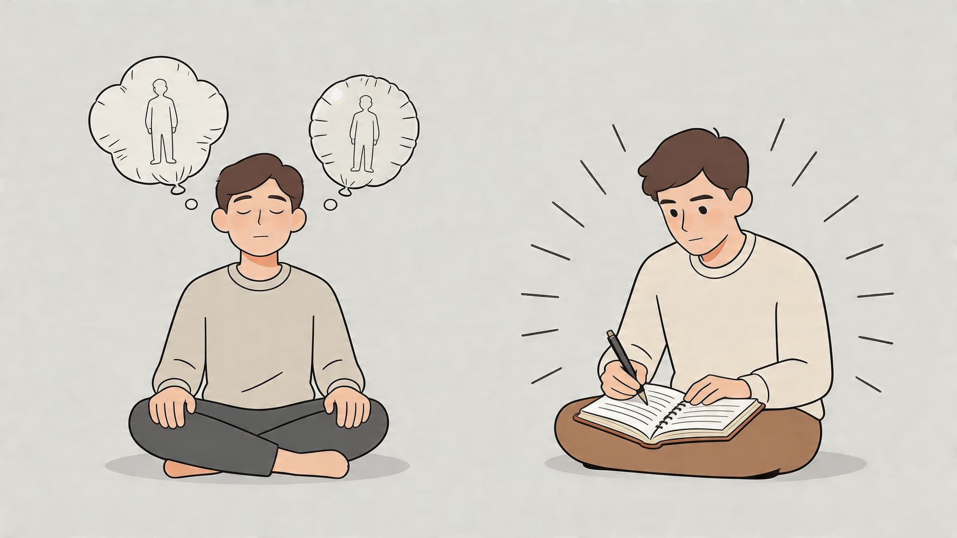 A young man meditating with thought bubbles and later writing in a journal to manifest a person.