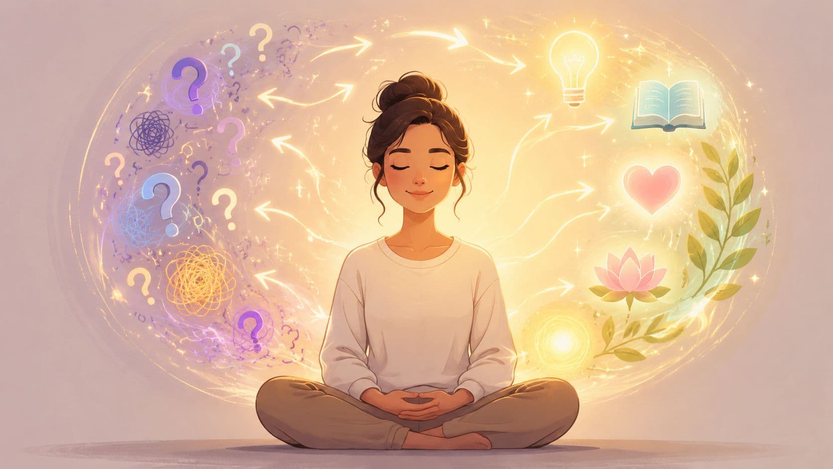 A calm woman meditating with chaotic question marks on one side and glowing spiritual symbols on other.