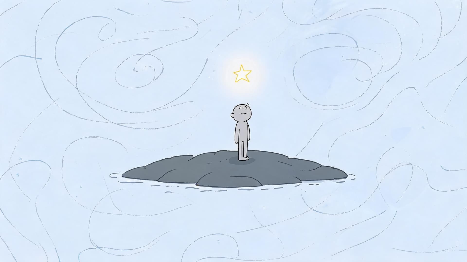 A simple illustration of a person standing on a small rock island looking up at a star.