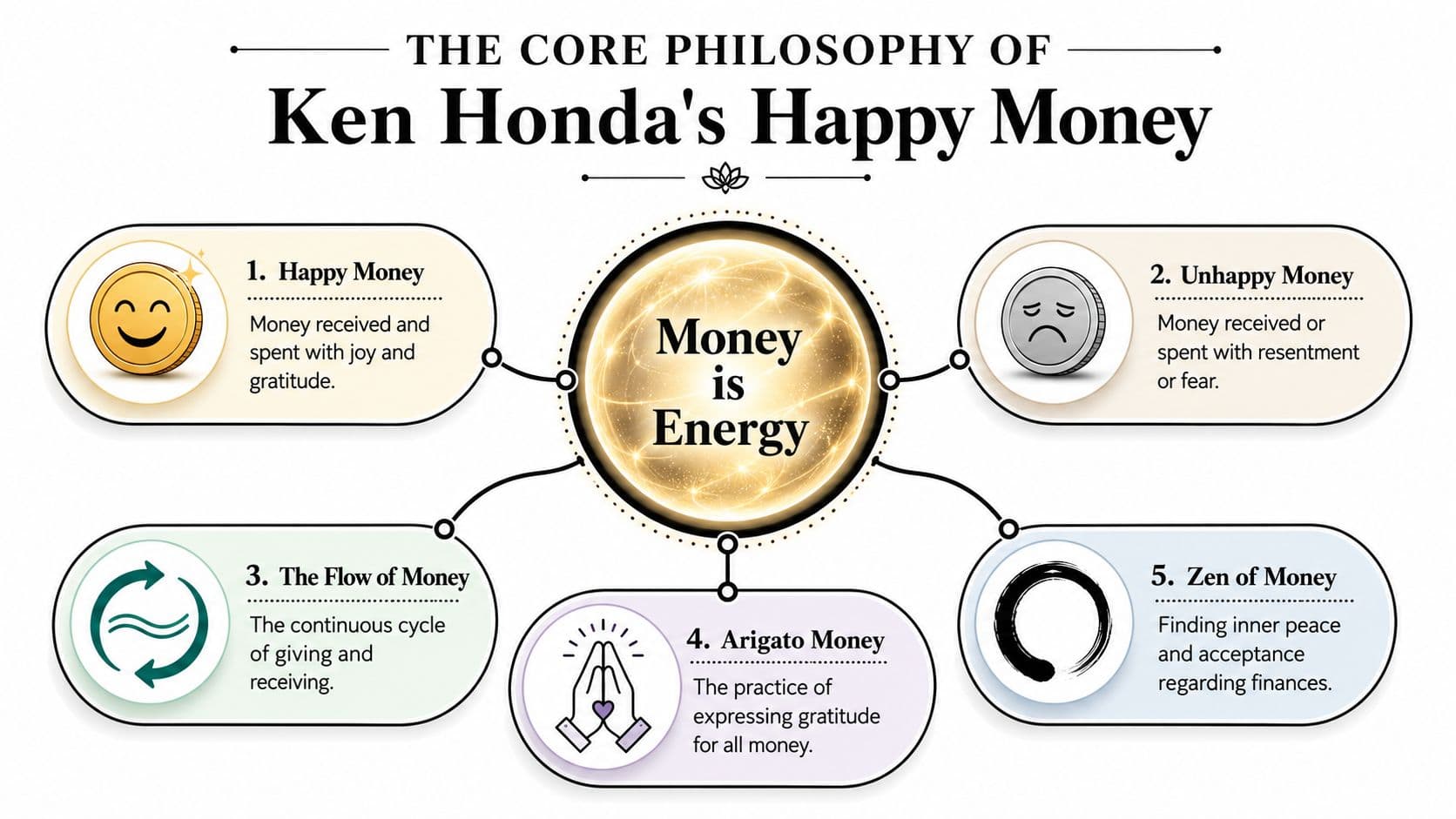 A diagram illustrating the core philosophy of Ken Honda's Happy Money, highlighting energy, flow, and gratitude concepts.