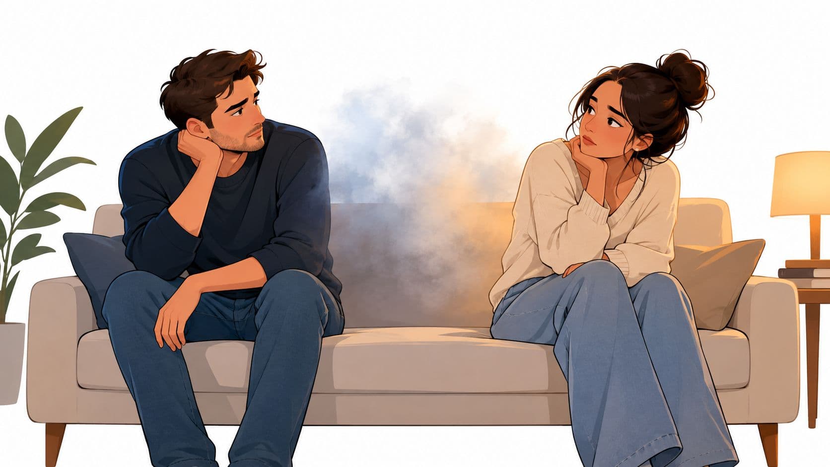 A young couple sits apart on a couch, looking at each other with a tense, atmospheric smoke cloud.