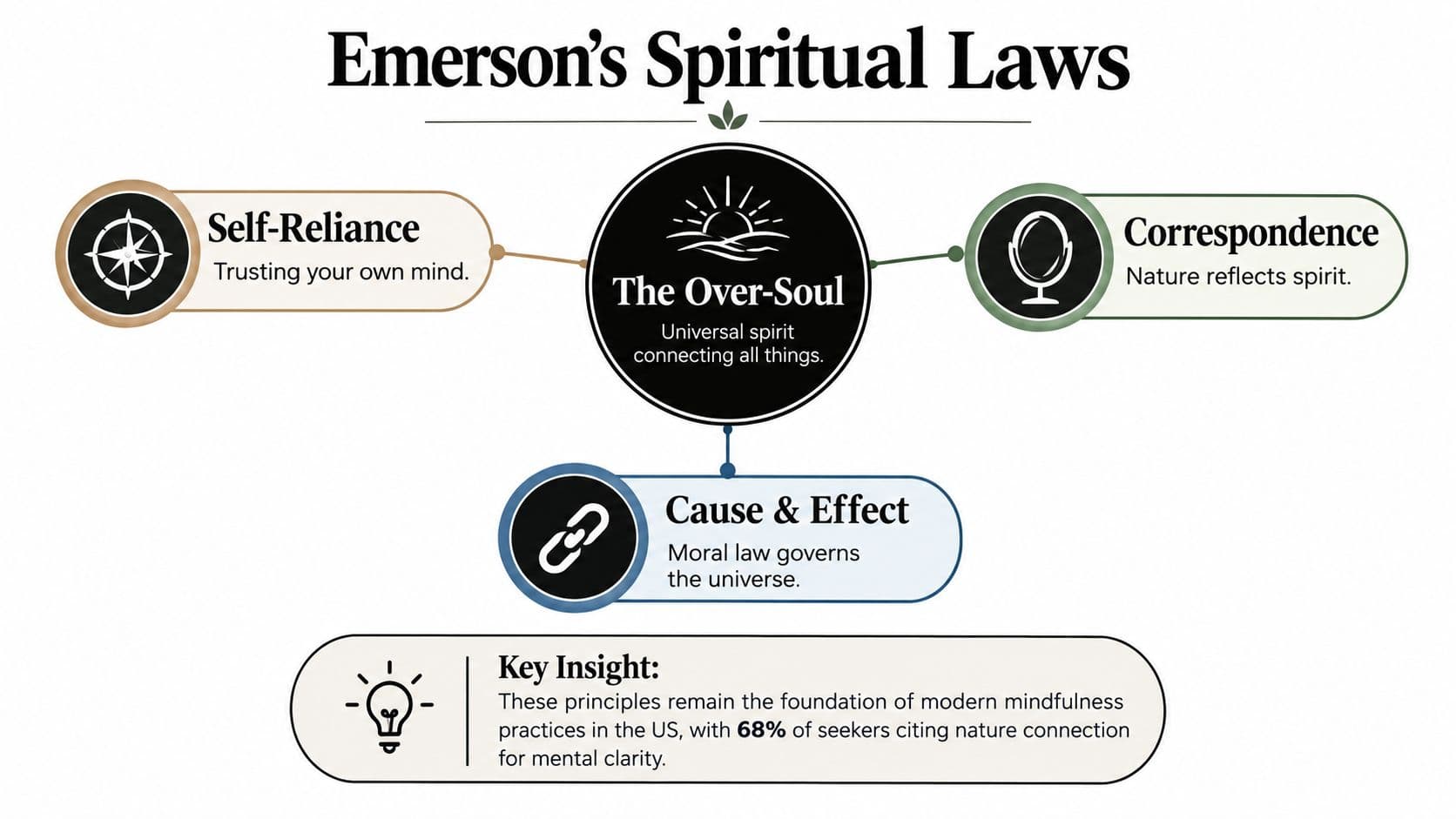 A diagram illustrating Emerson's Spiritual Laws including Self-Reliance, The Over-Soul, Correspondence, and Cause & Effect.