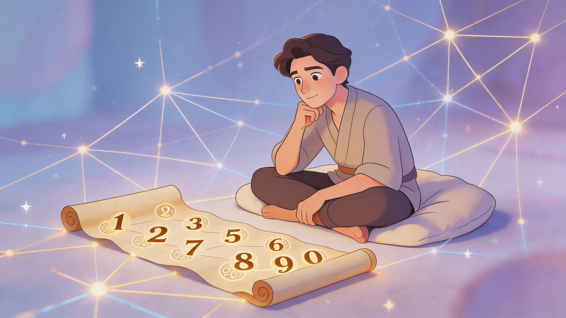 An animated young man sits on a cushion, thoughtfully studying a glowing scroll featuring interconnected numbers.