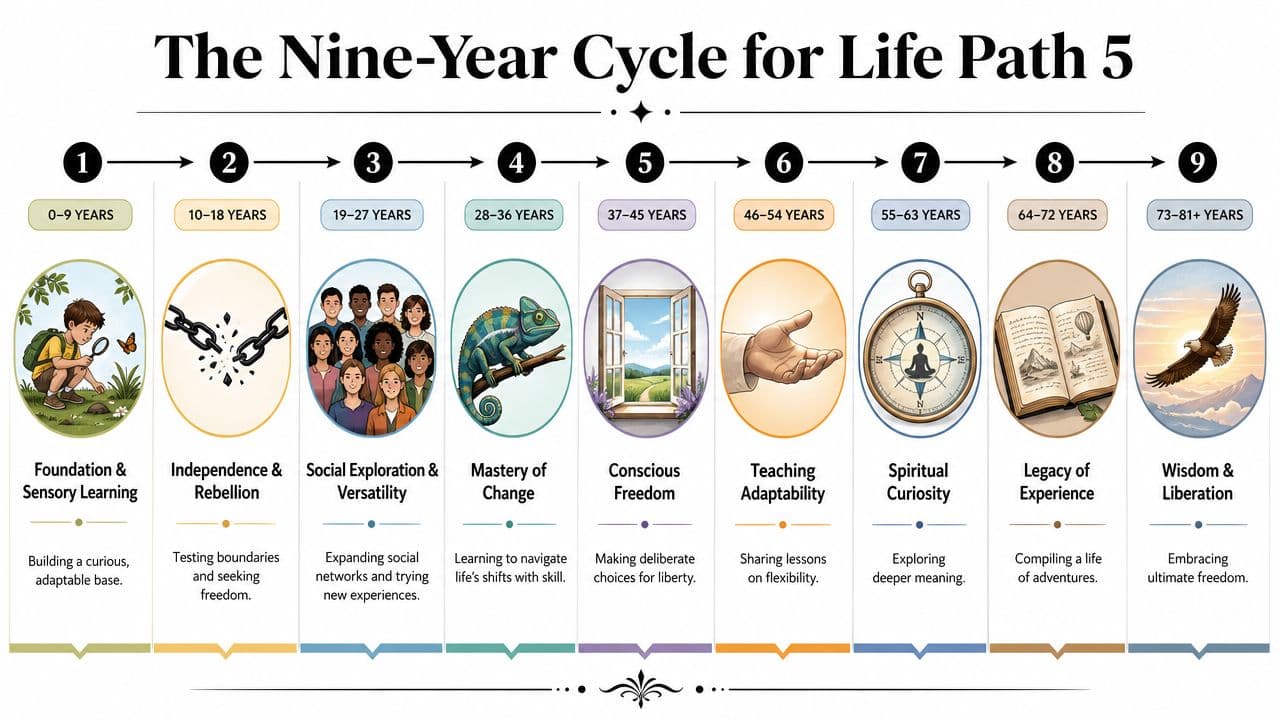 An infographic titled The Nine-Year Cycle for Life Path 5, detailing age ranges, themes, and symbolism.