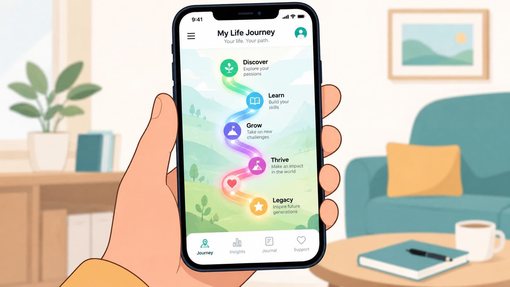 A hand holding a smartphone displaying an app called My Life Journey with a colorful path