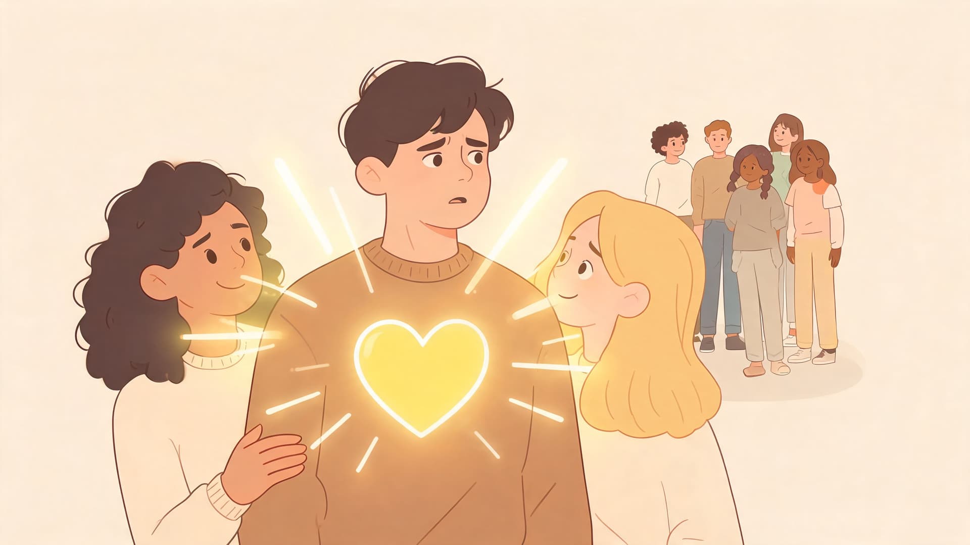 A warm illustration depicting a confused man with a glowing heart, surrounded by caring friends and companions.