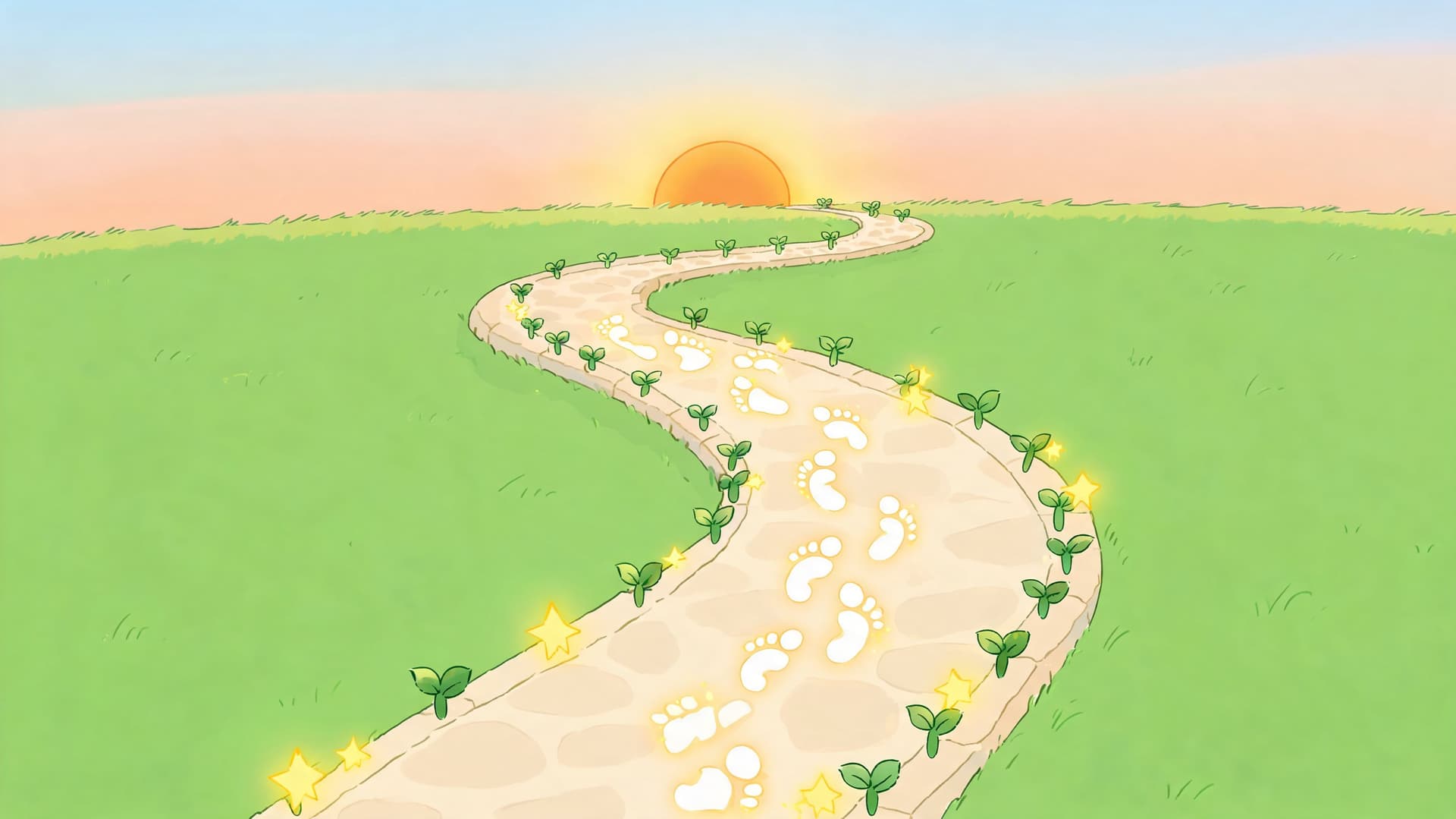 A scenic illustration of a winding stone path leading towards a glowing sunrise on a grassy field.