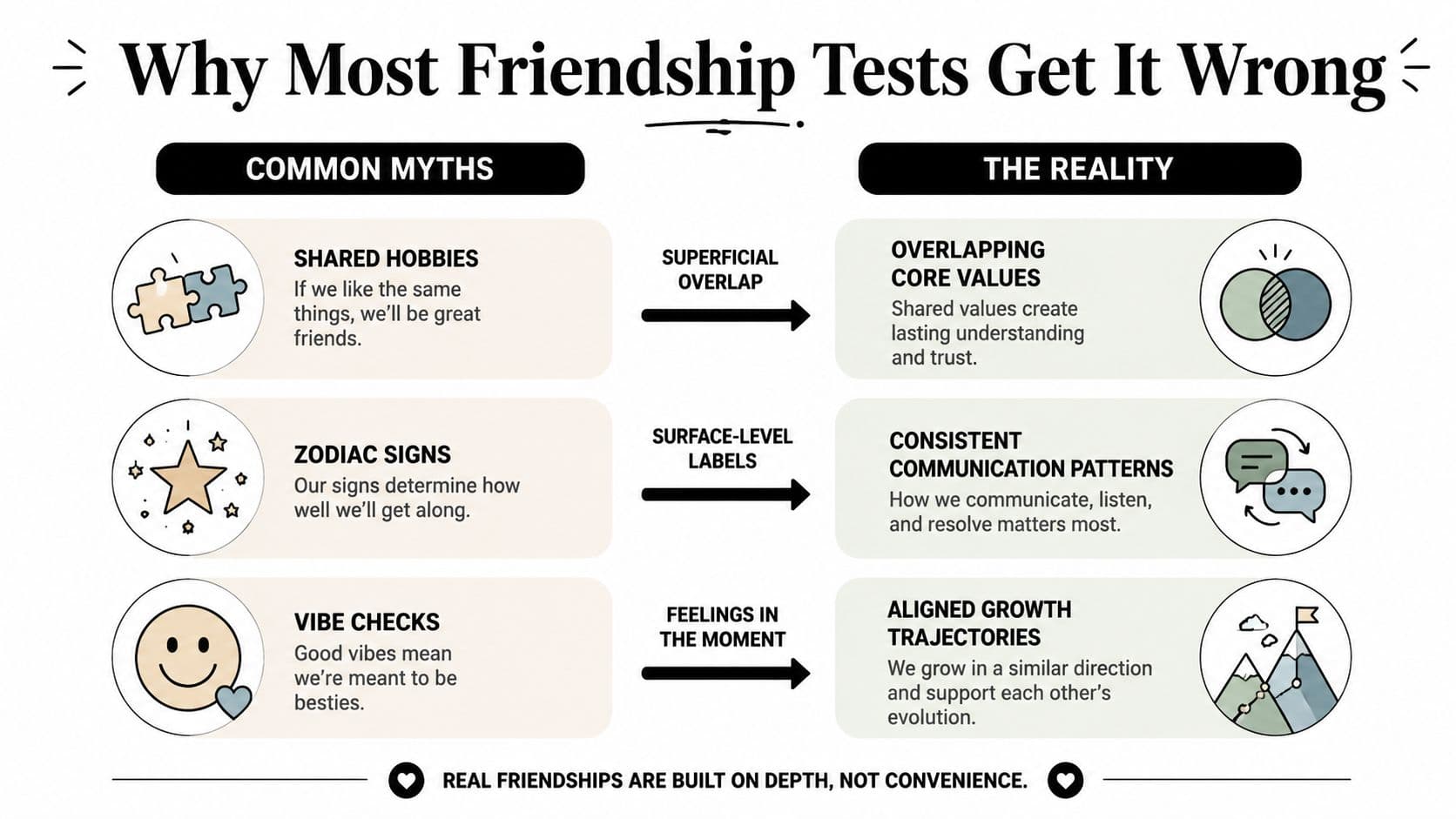 An infographic titled Why Most Friendship Tests Get It Wrong, contrasting common myths with reality.