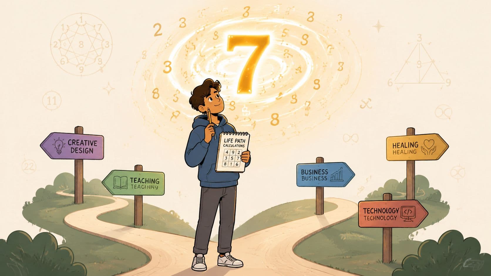 A young man holding a notebook contemplates career paths under a giant golden number seven in illustration.