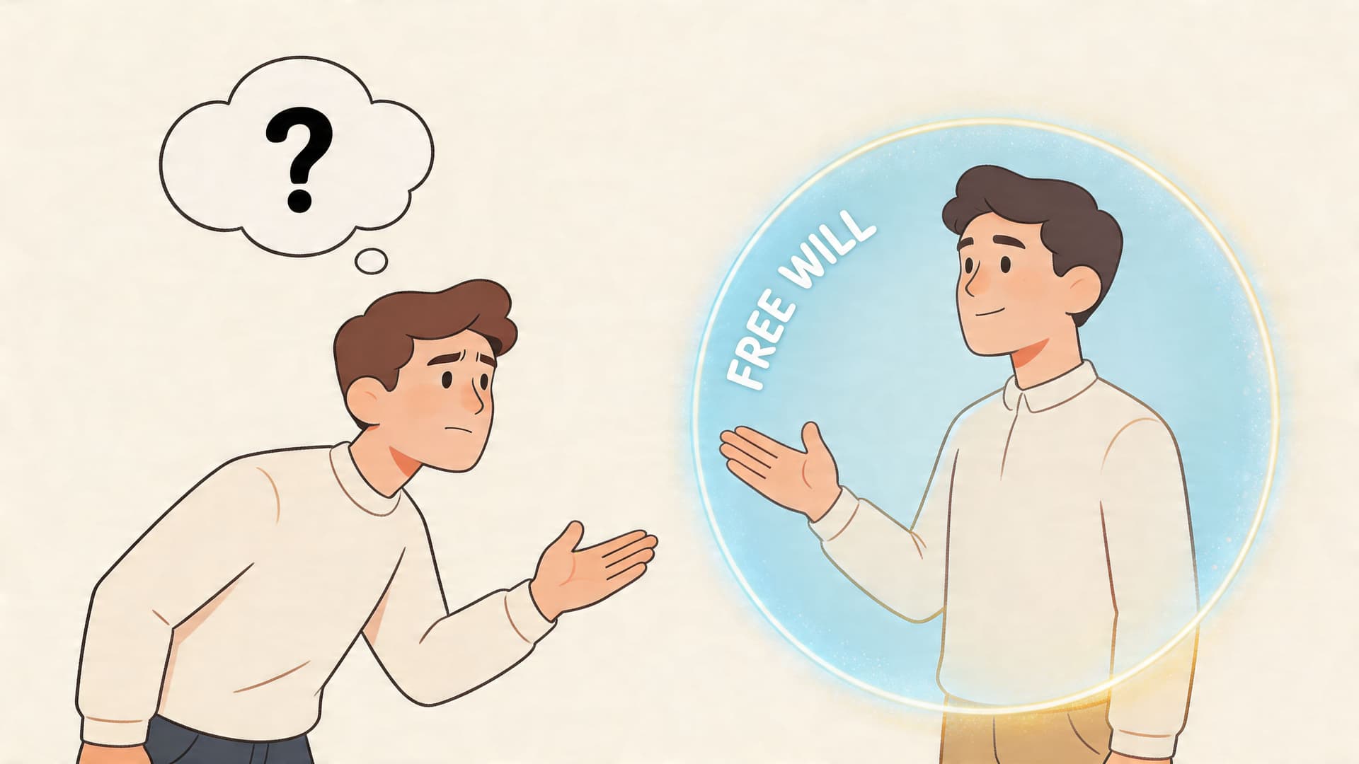 A man looking at a glowing reflection of himself labeled Free Will with a question mark bubble.