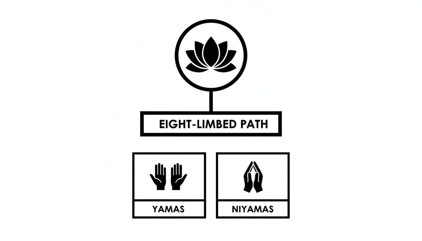 Diagram illustrating the Eight-Limbed Path with a lotus flower, connecting to Yamas and Niyamas represented by hand gestures.