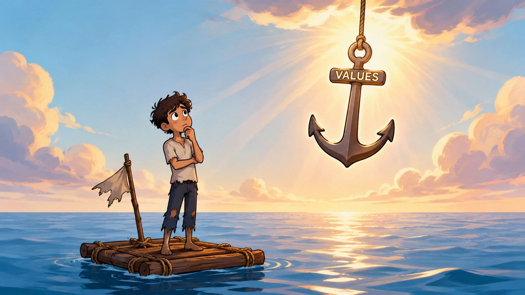 A boy on a wooden raft looking up at a floating golden anchor labeled with the word values.