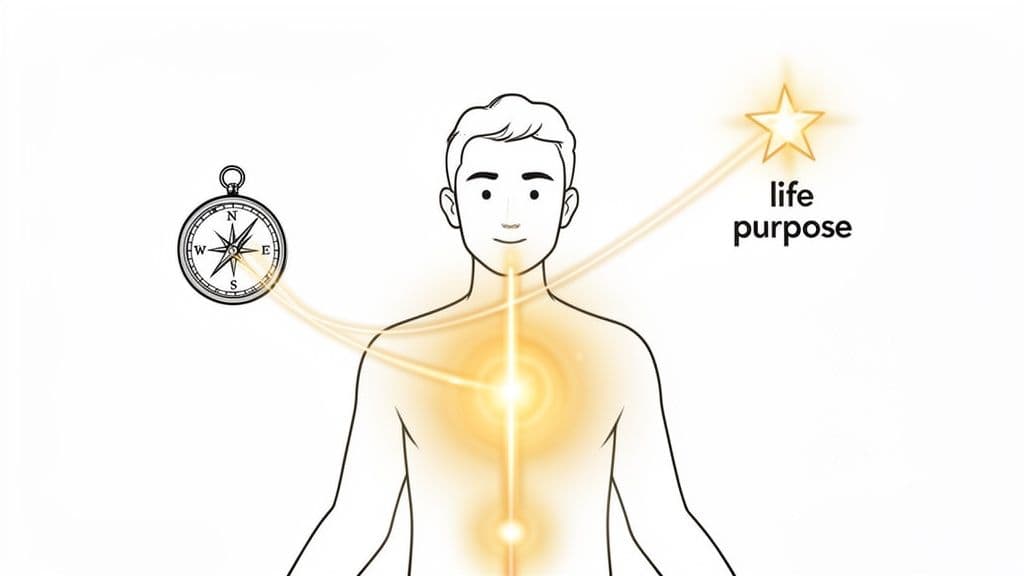 A line drawing of a person with a compass guiding inner energy towards their life purpose represented by a star.