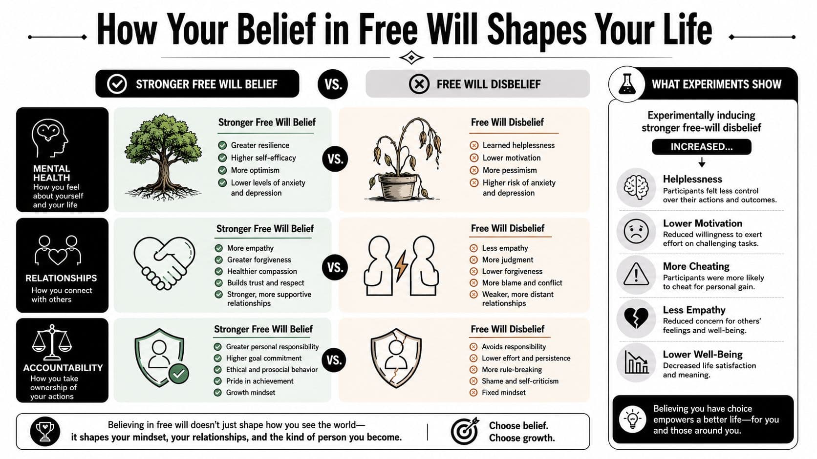 An infographic showing how believing in free will versus disbelief affects mental health, relationships, and personal accountability.
