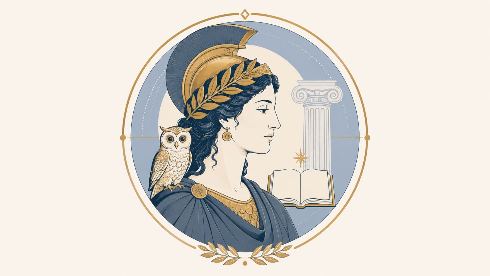 A digital illustration of the Greek goddess Athena wearing a helmet with an owl and a column.