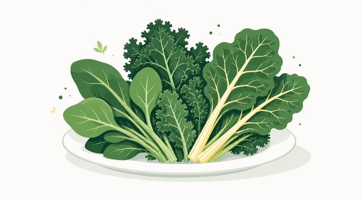 A fresh selection of leafy greens, including kale and spinach, arranged beautifully on a white plate.