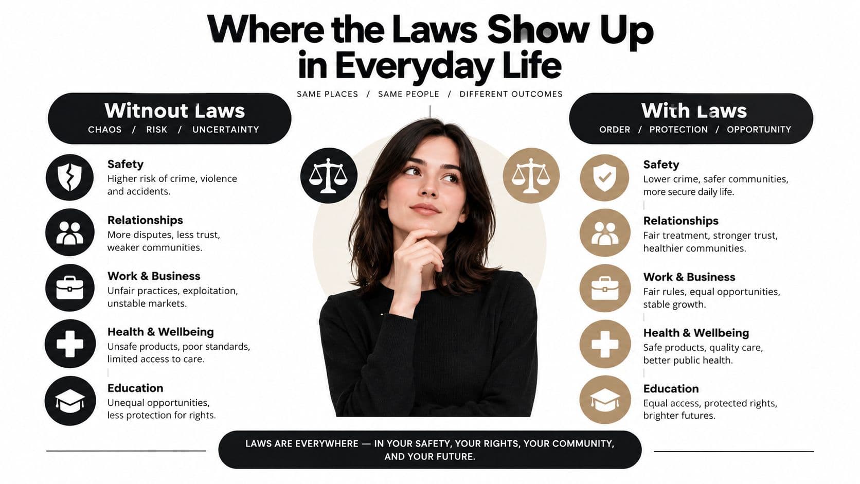 An infographic contrasting the impact of society without laws versus society with laws on everyday life.