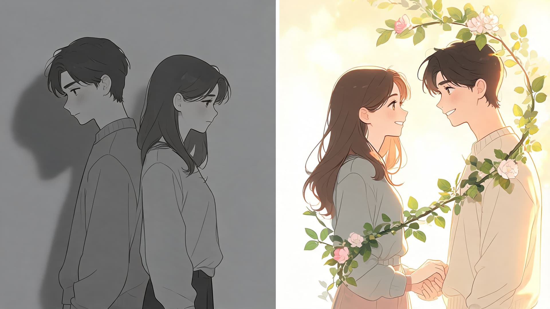 A split screen comparing a sad couple back to back with a happy couple holding hands with roses.