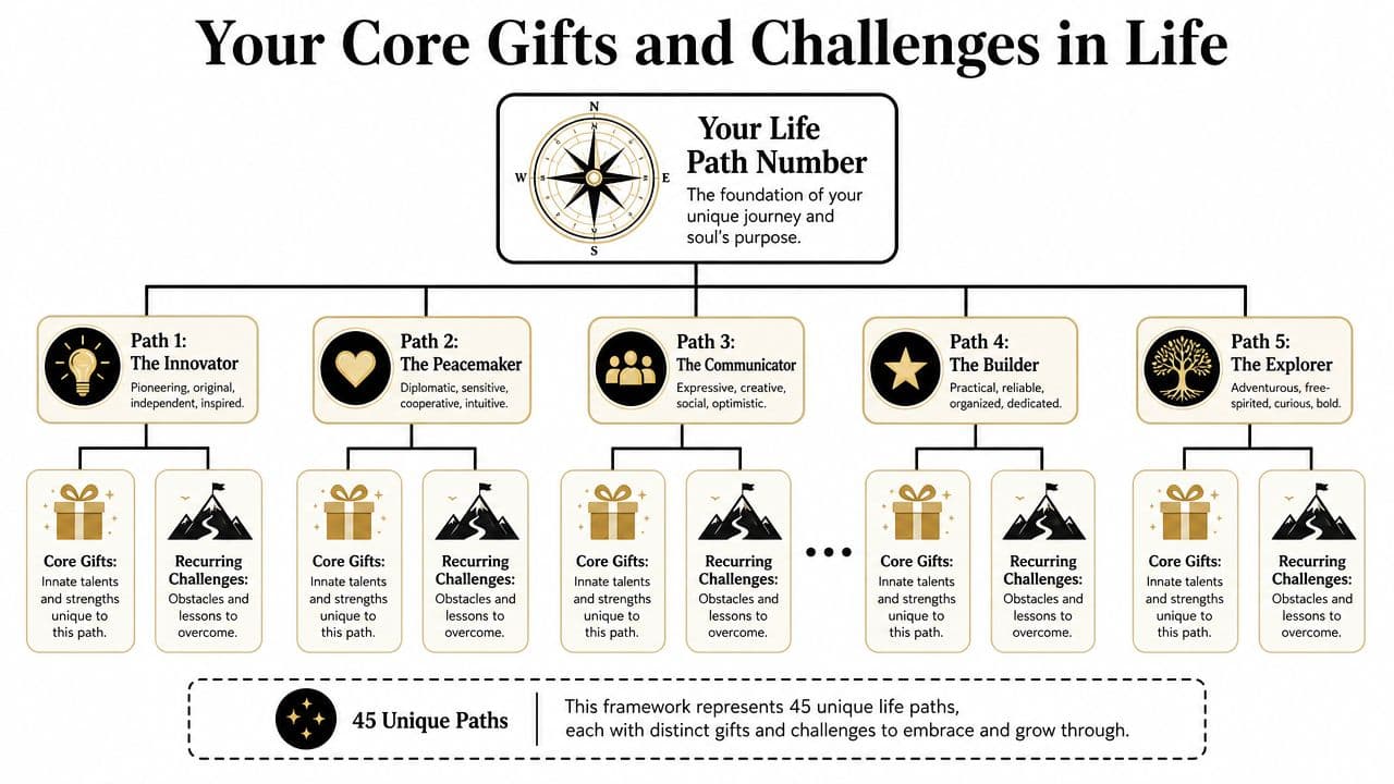 A diagram outlining the life path number system, showing five distinct paths with core gifts and challenges.