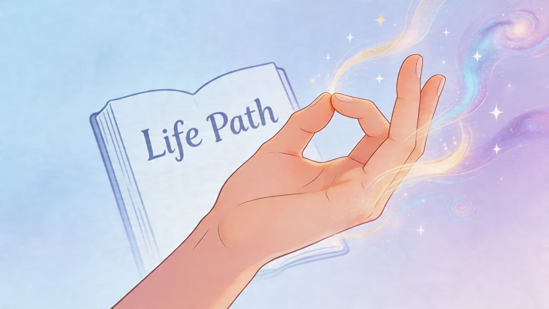 An artistic illustration of a hand in a mudra gesture with glowing cosmic energy and a book.