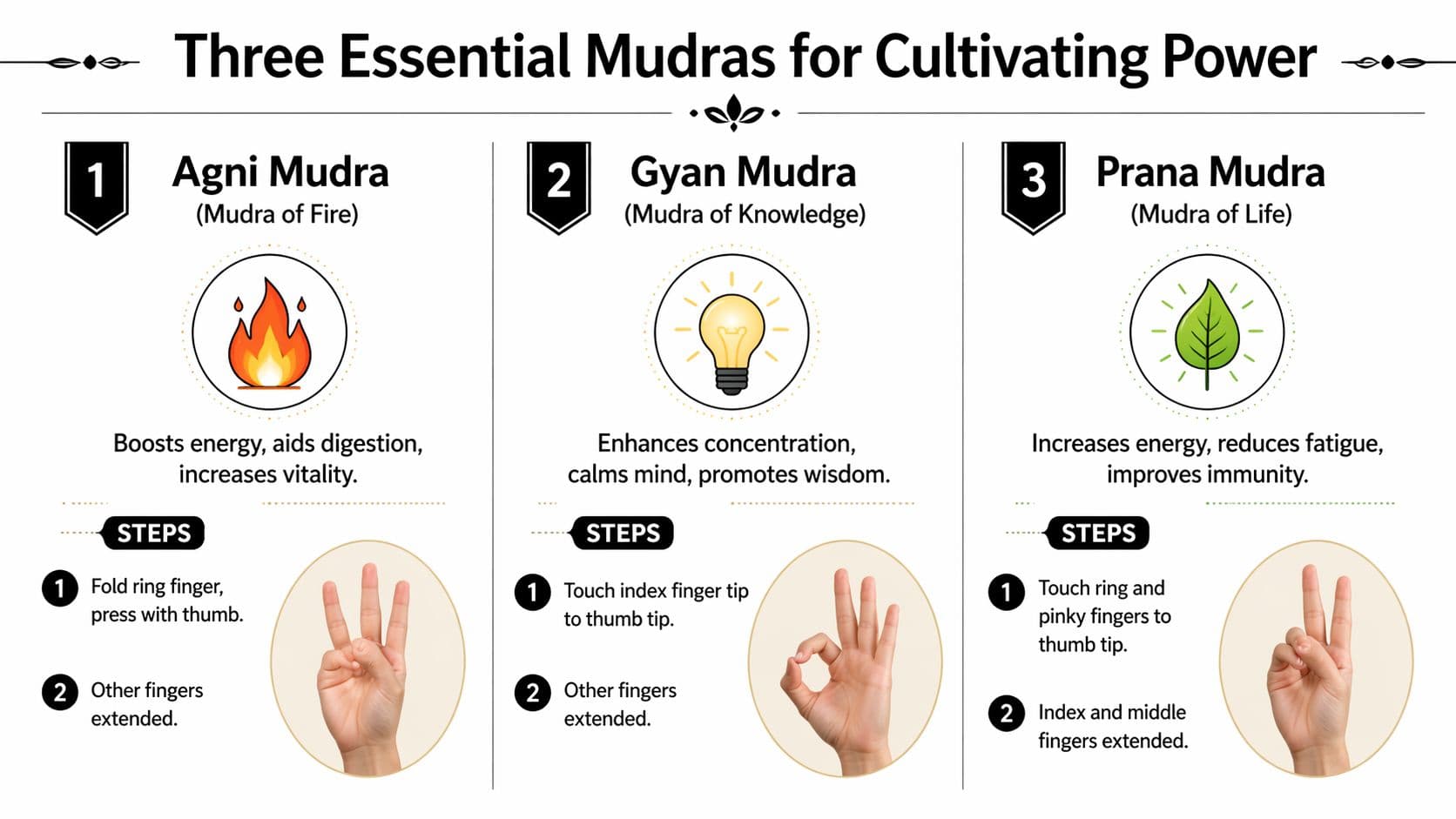 An infographic showing instructions for three essential mudras: Agni Mudra, Gyan Mudra, and Prana Mudra for health.