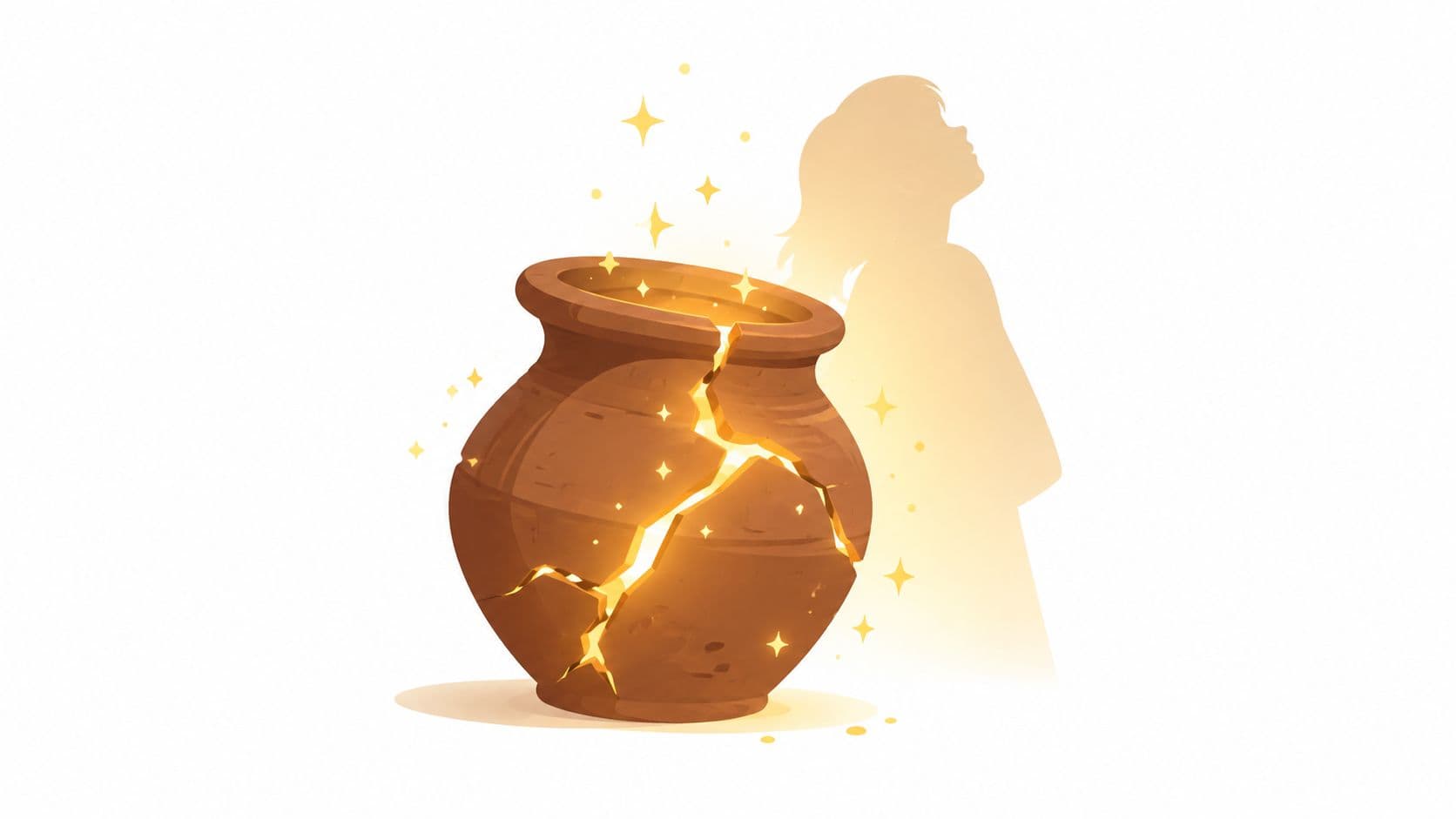 A glowing, cracked clay pot symbolizing beauty in imperfection next to the silhouette of a person.