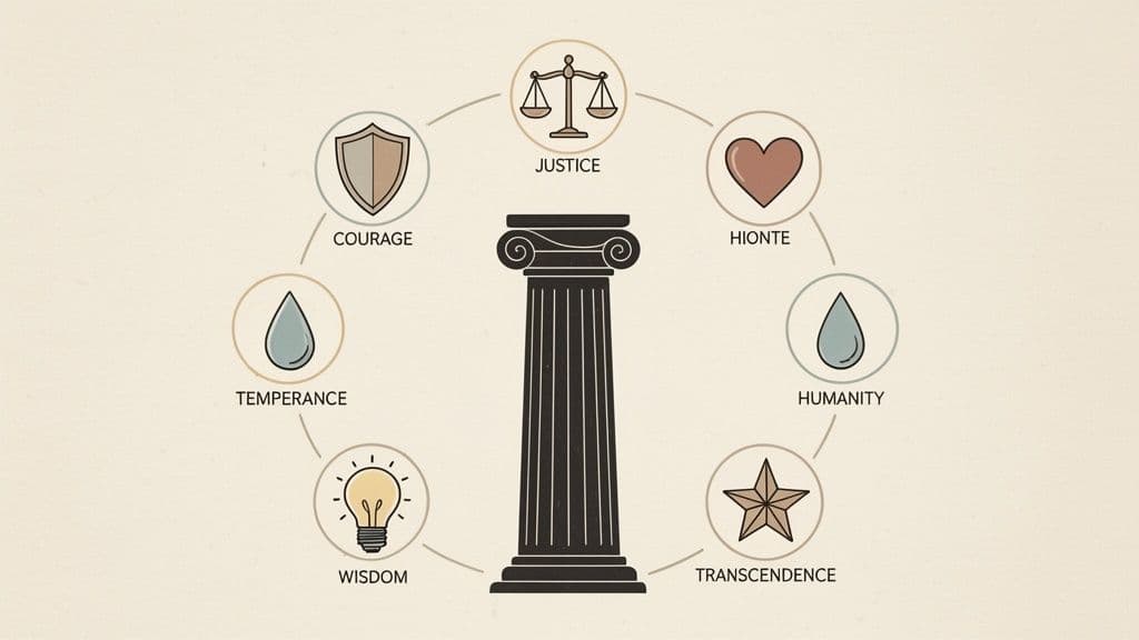 Diagram showing a central pillar surrounded by seven virtues: Justice, Hionte, Humanity, Transcendence, Wisdom, Temperance, and Courage.