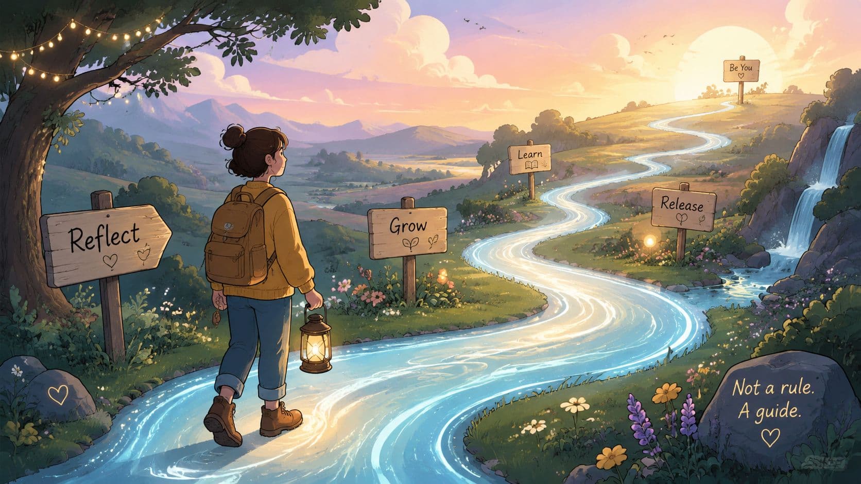 A young traveler walking through a scenic landscape following a glowing river path with inspirational wooden signs.