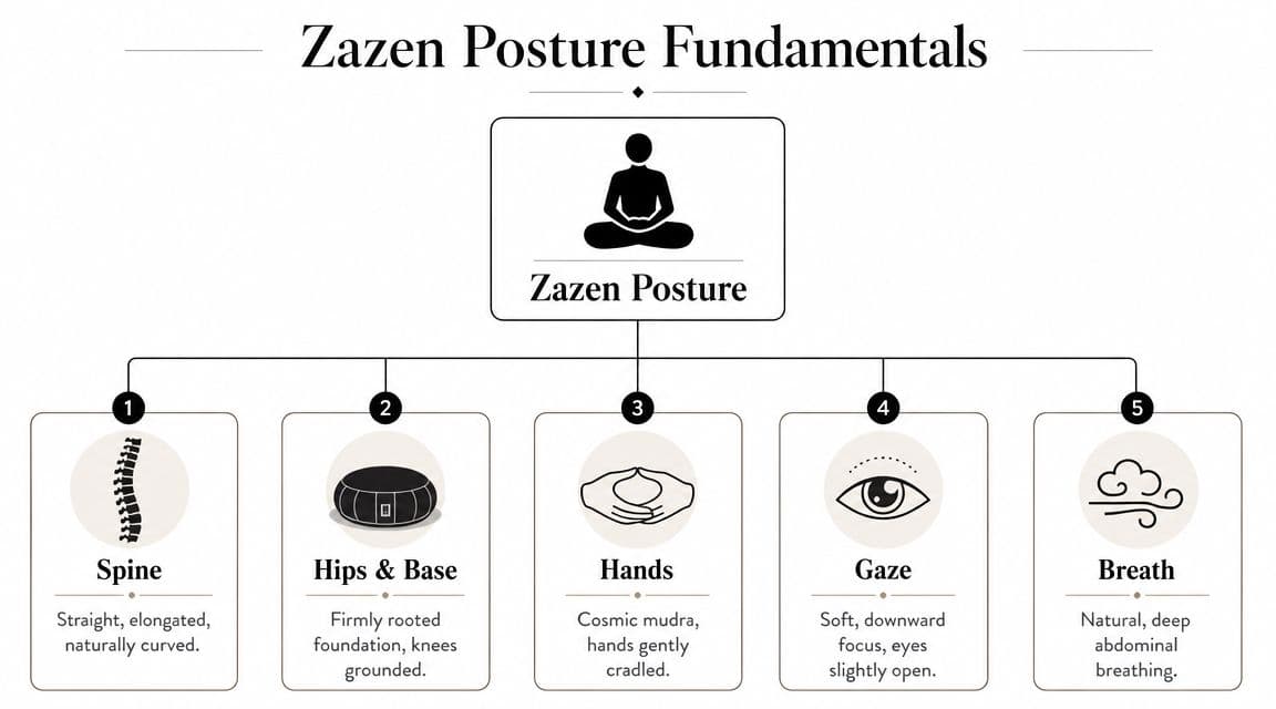 A diagram illustrating the five fundamental principles of Zazen posture, including spine alignment, hips, hands, gaze, and breathing.