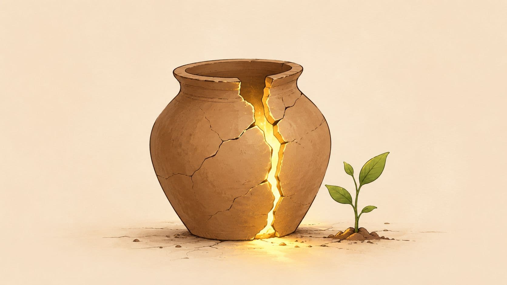 A large cracked earthenware pot glowing from within placed next to a small green sprout.