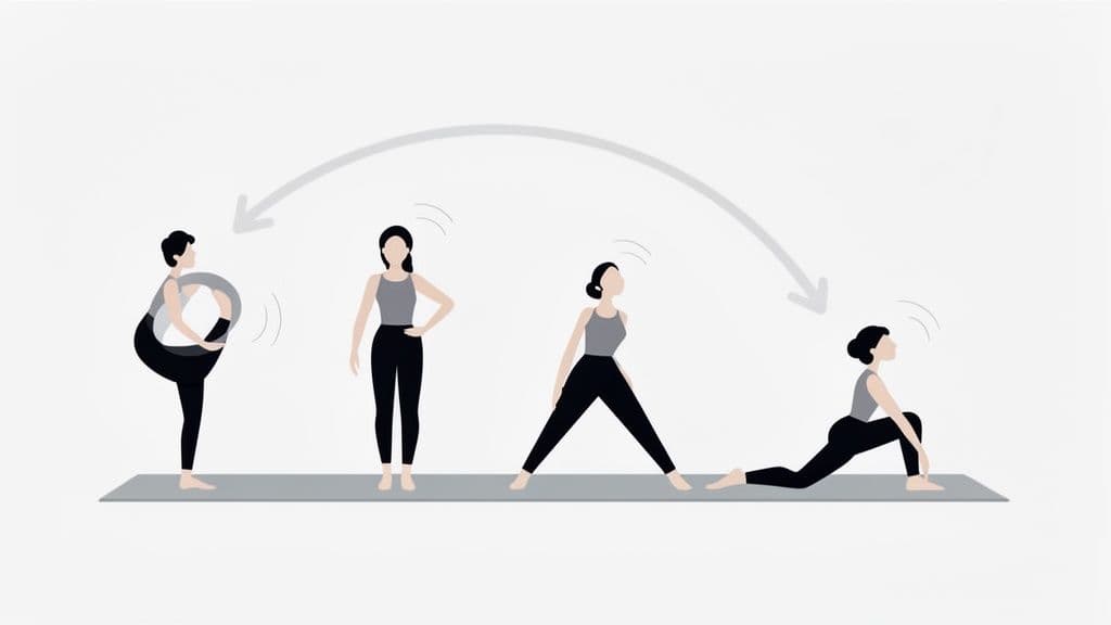 A woman demonstrates four distinct yoga poses in a sequential flow with an arrow.