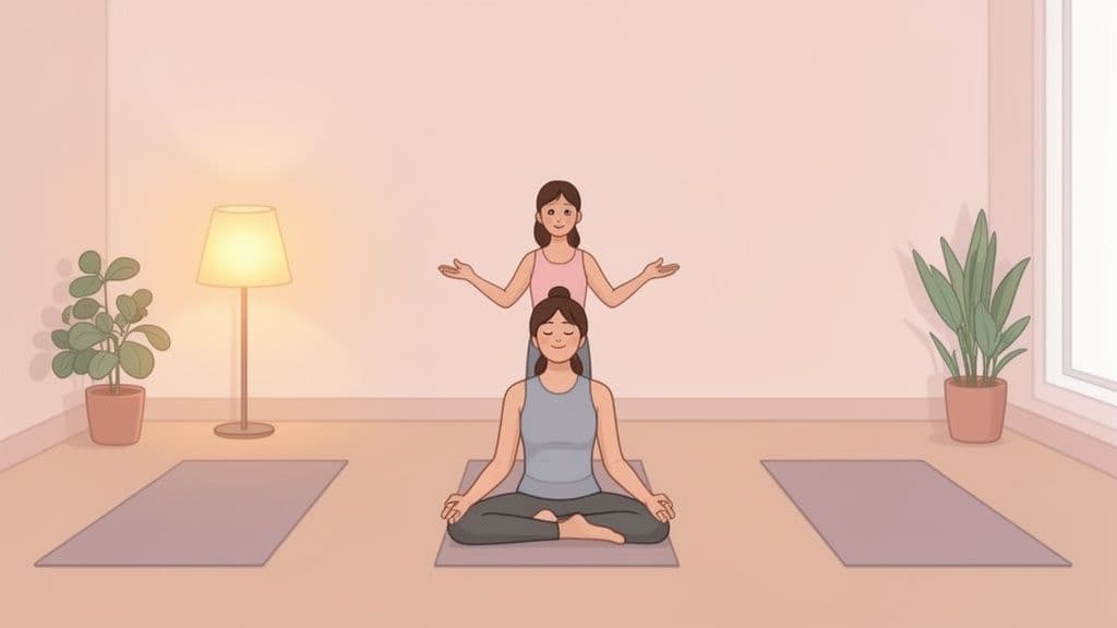 A yoga instructor gently guides a student in a meditative pose on a mat in a peaceful room.