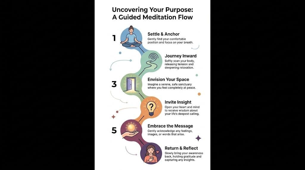A diagram illustrating a six-step guided meditation flow for uncovering one's life purpose and inner wisdom.