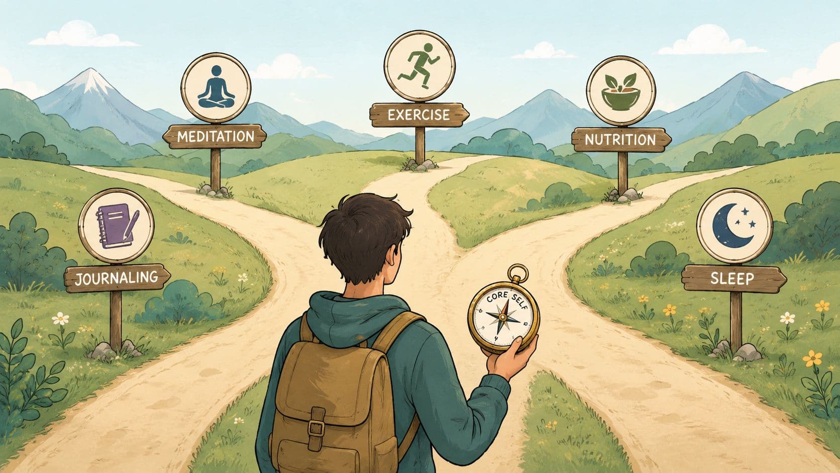 A person holding a compass stands at a fork in the road facing signs for wellness activities.