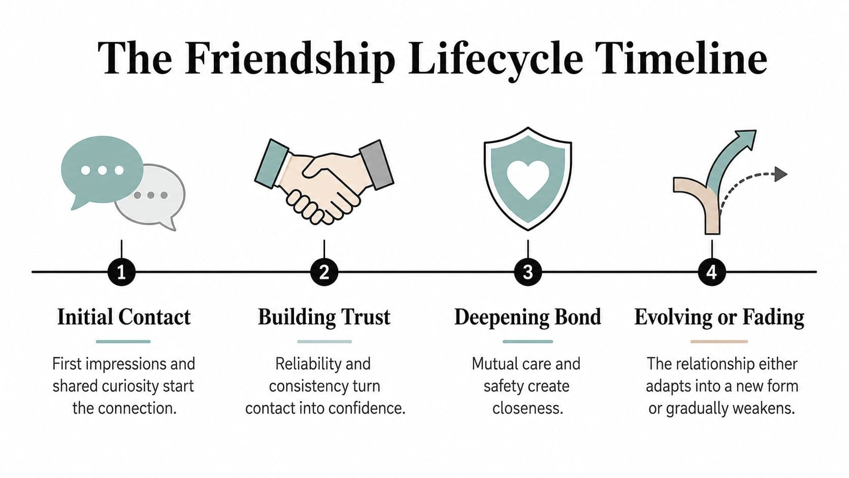 A four-step infographic illustrating the friendship lifecycle, starting from initial contact and building trust to deepening bonds.