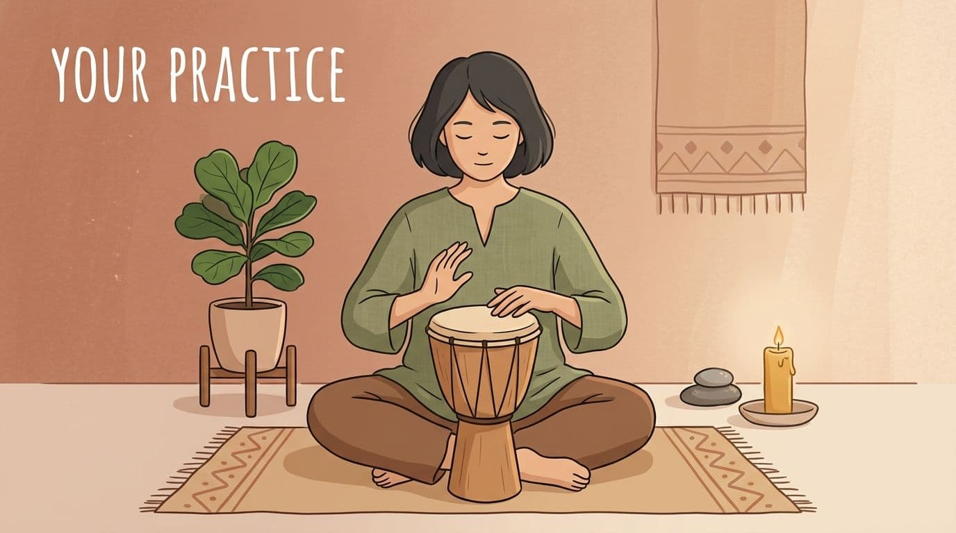 A person sitting on a rug and playing a djembe drum for a mindful practice session.
