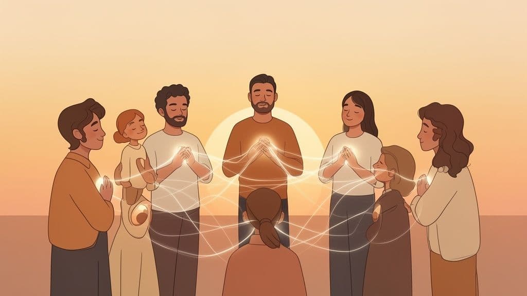 Illustration of diverse individuals meditating in a circle with glowing hearts connected by energy.