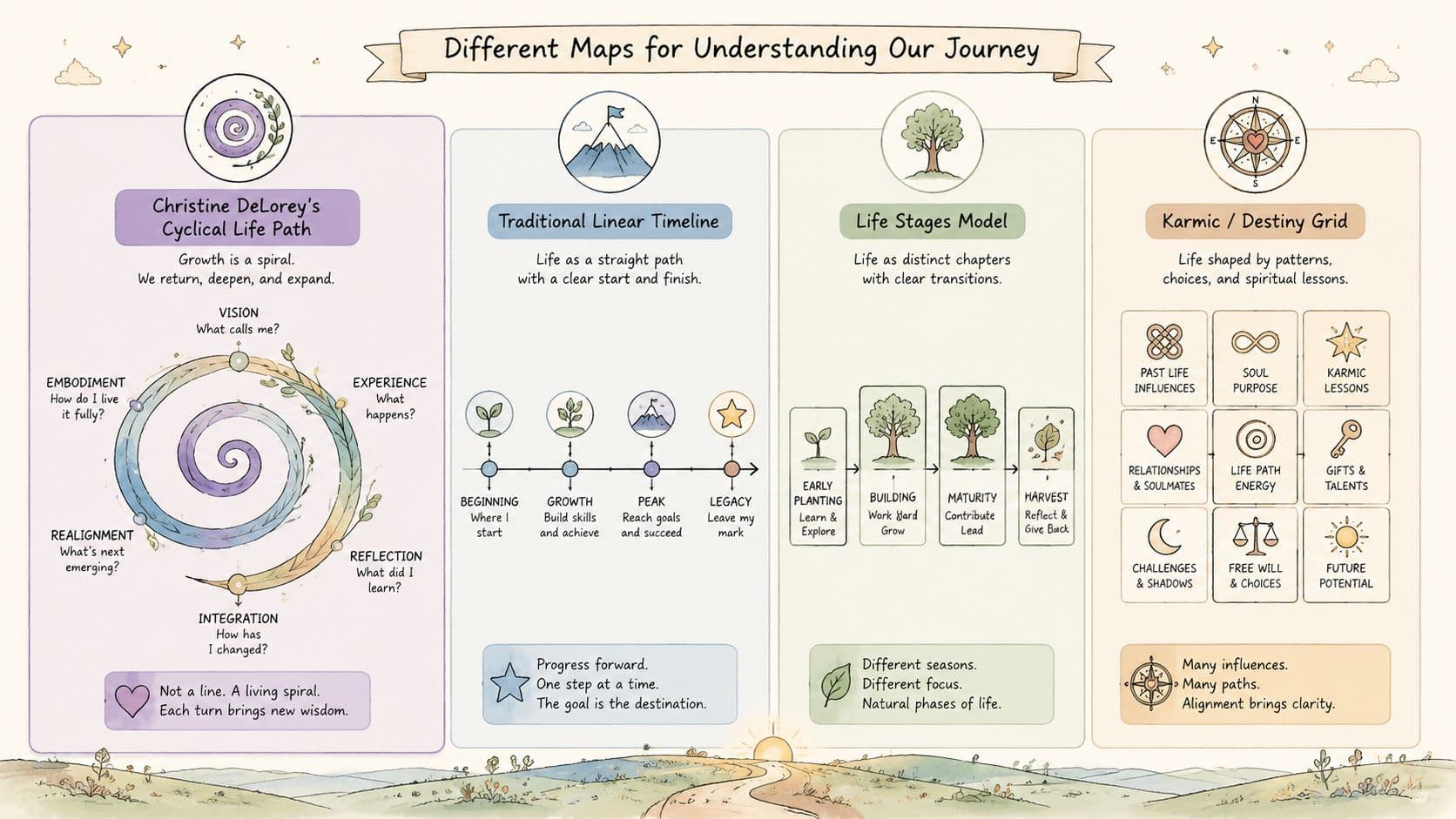 An infographic illustrating four different models for understanding life's journey, including cyclical, linear, seasonal, and karmic perspectives.