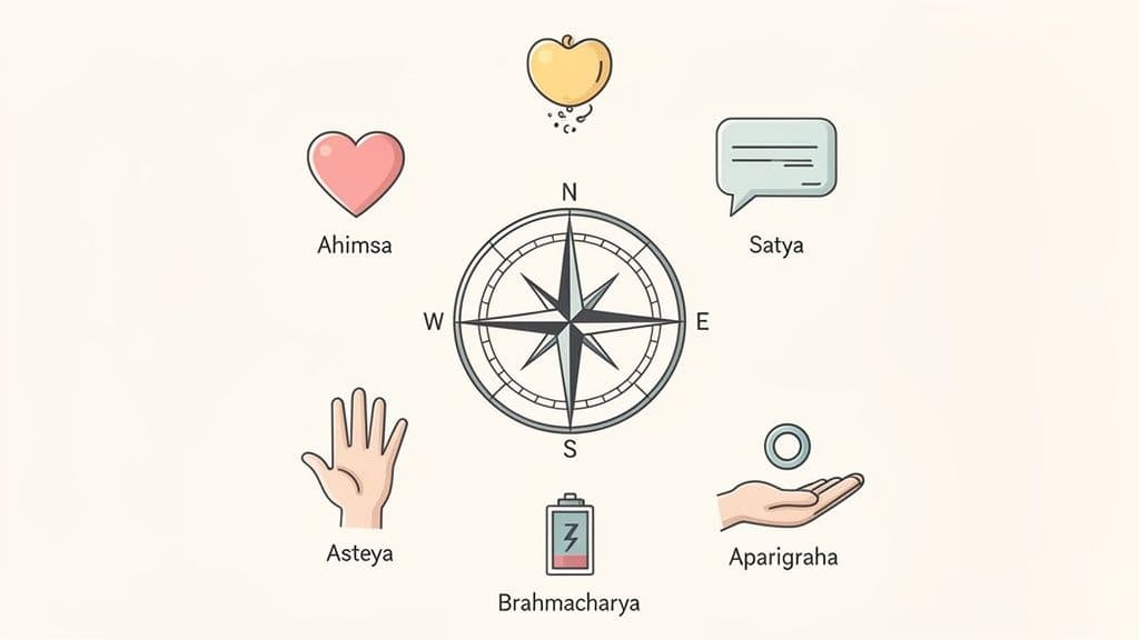 Illustrations of the five Yamas: Ahimsa, Satya, Asteya, Brahmacharya, Aparigraha, surrounding a compass.