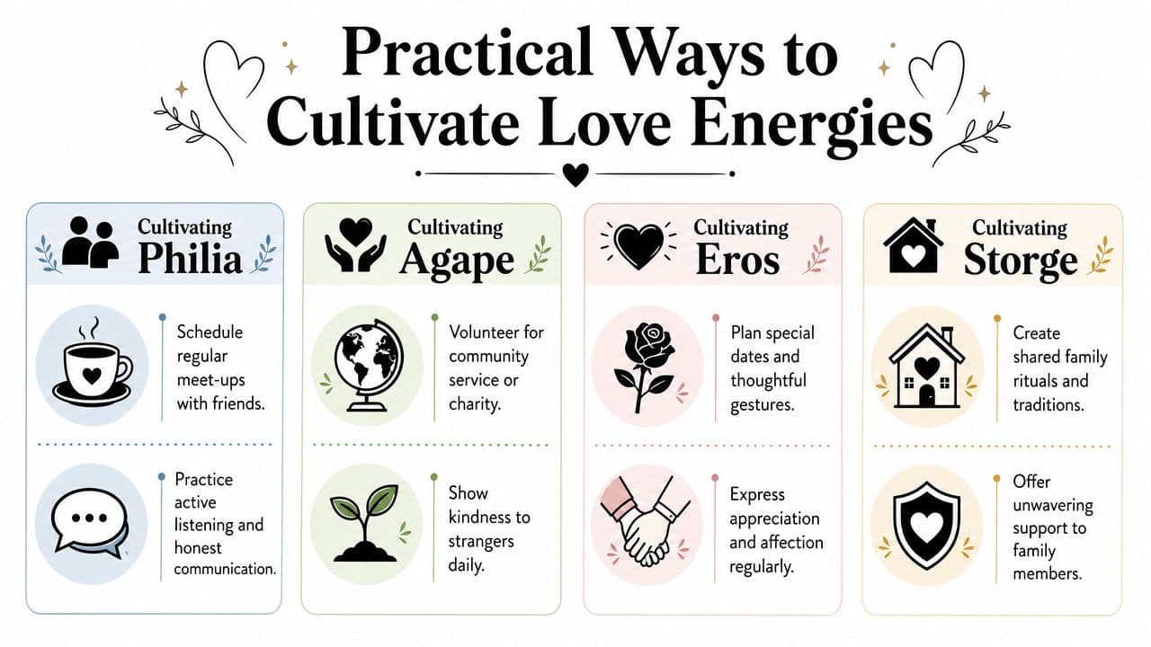 An infographic illustrating practical ways to cultivate four types of love energies: Philia, Agape, Eros, and Storge.