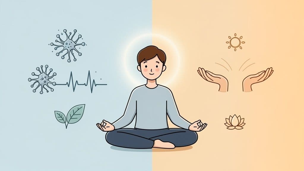 Illustration of a person meditating, balancing symbols of health, illness, nature, and peace.