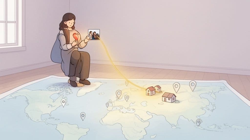 A person sits on a world map, holding a glowing heart and a photo, connecting with distant homes.