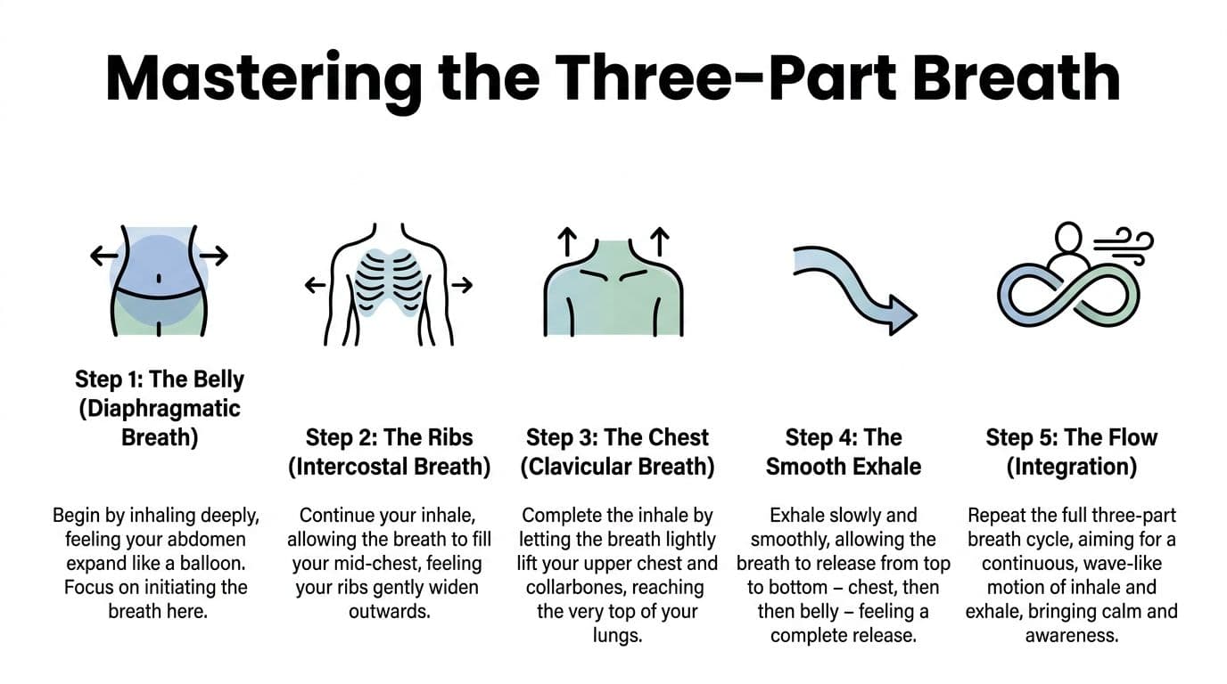 An instructional infographic detailing the five steps of mastering the three-part breath technique for yoga and meditation.