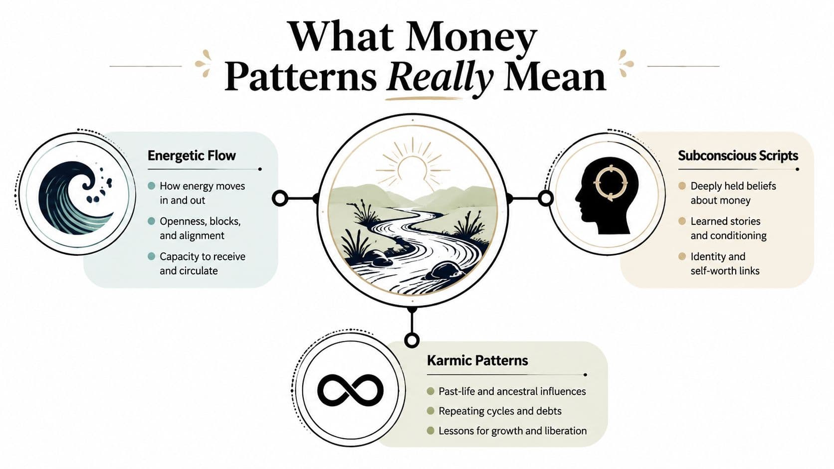 An infographic titled What Money Patterns Really Mean, illustrating three interconnected concepts regarding money mindsets: Energetic Flow, Subconscious Scripts, and Karmic Patterns.