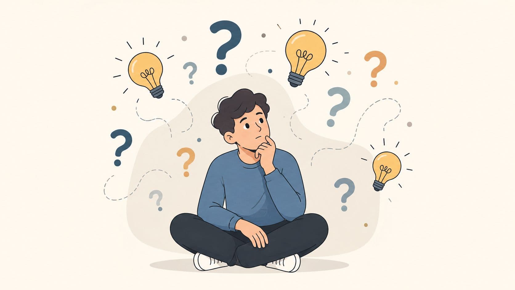 A thoughtful young man sitting cross-legged surrounded by floating light bulbs and question marks on a background.