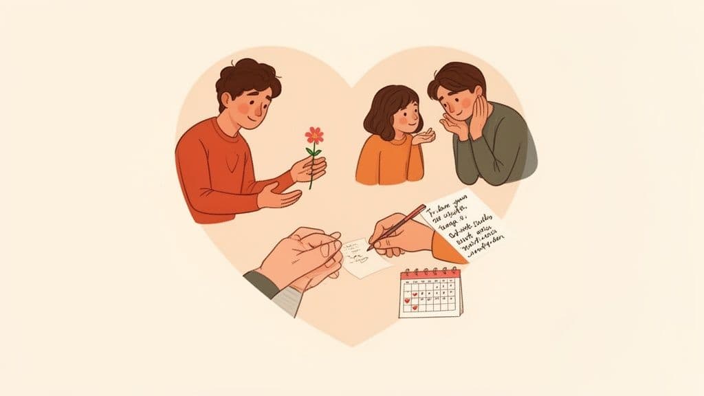 An illustration in a heart shape shows a couple exchanging a flower, writing letters, and a calendar with marked dates, symbolizing love.